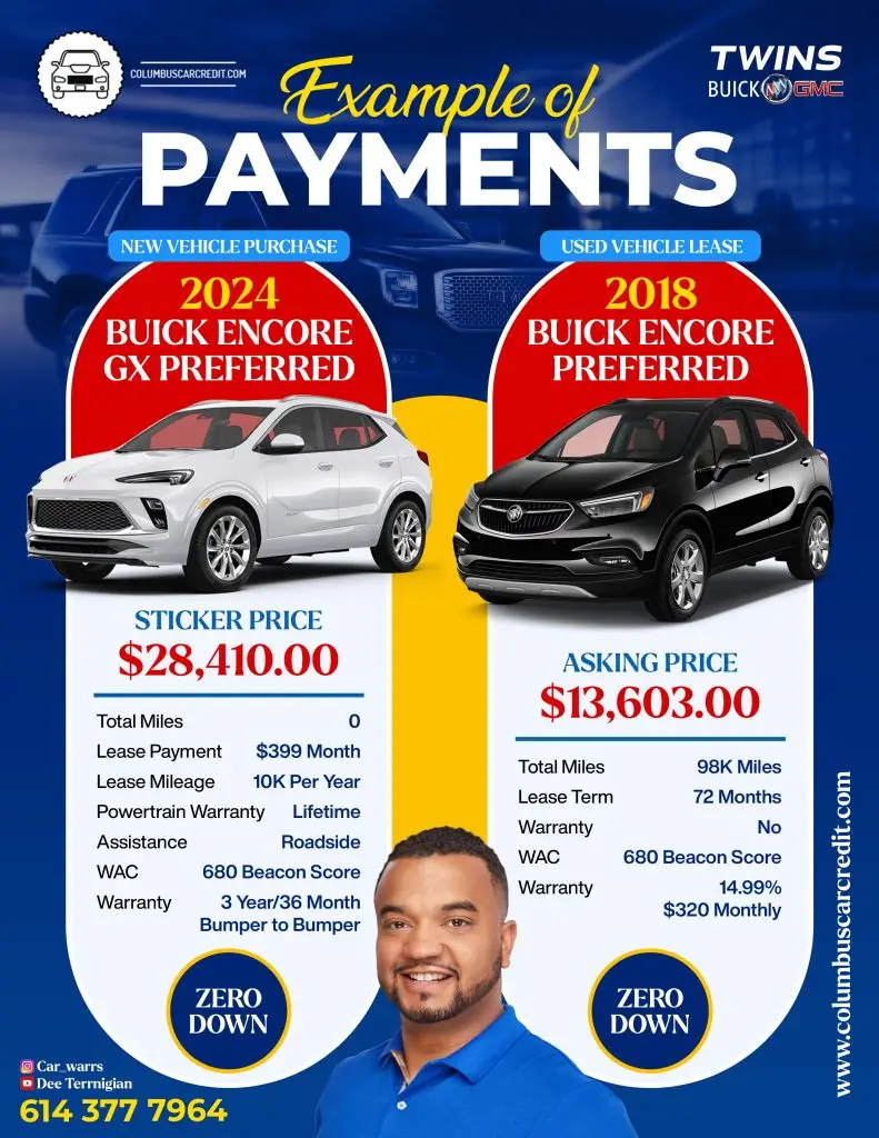 see a payment example betweena new and a used car at Twins Buick GMC on Morse Road